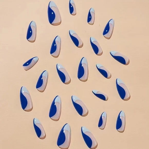 Acrylic Medium Almond Tip French Manicure Blue Swirl Nails Professional - Picture 4 of 6